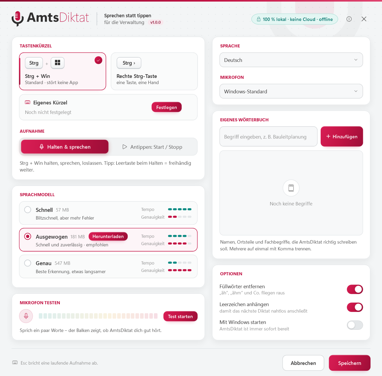 Einstellungsfenster von AmtsDiktat mit Tastenkürzel, Aufnahme-Modus, Sprachmodell, Mikrofontest, Wörterbuch und Optionen